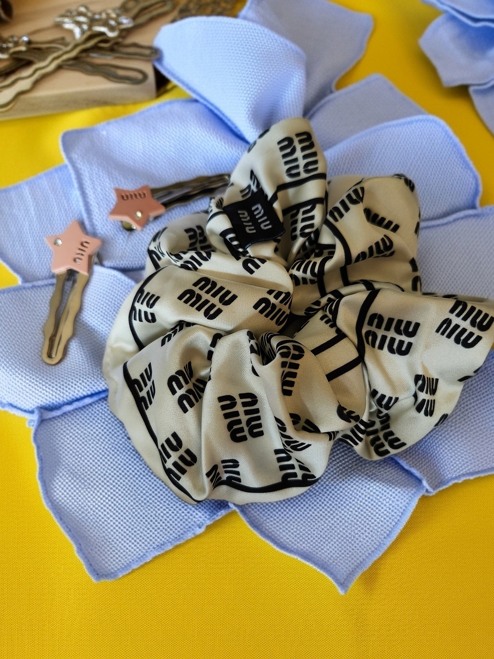 Miu Miu Cream Logo Scrunchie - With 2 Clips